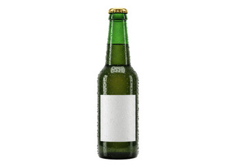 Isolated green glass beer bottle with blank label and condensation drops on surface