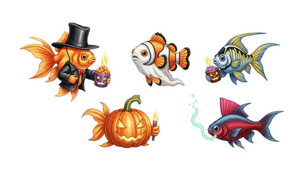 Whimsical Halloween Fish Parade: A captivating illustration of stylized aquatic creatures adorned in festive Halloween costumes and carrying candles.