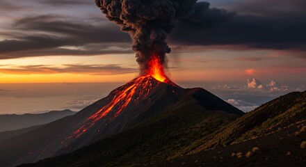 Volcanic eruption with lava flow and smoke against the sunset sky