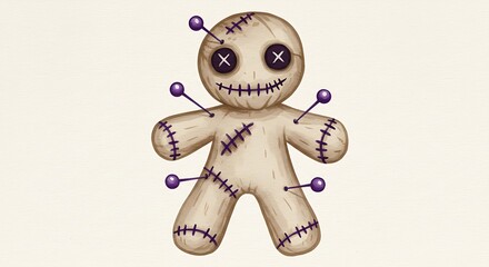 Voodoo doll illustration with pins on a plain background for conceptual design