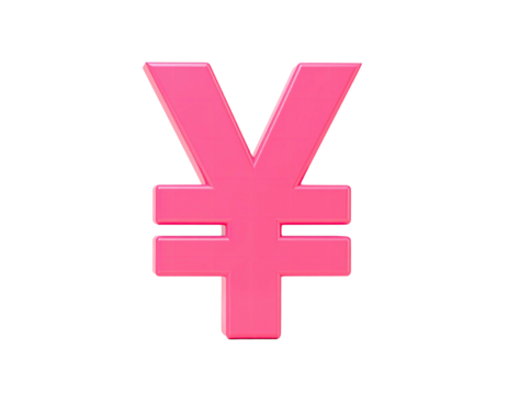 A glossy pink currency symbol against a solid black background, 3D rendered