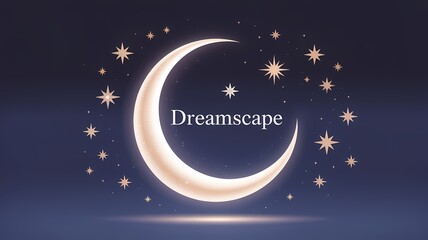Fototapeta premium A crescent moon and stars scattered across a dark blue background with the word dreamscape in the center