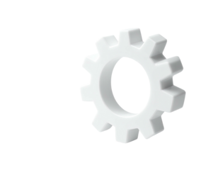 A 3D white gear graphic, slightly angled on a black background