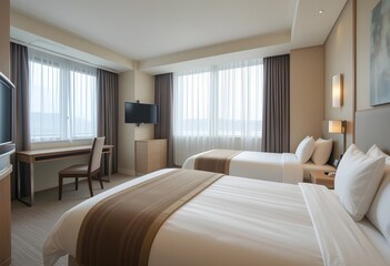 Clean and modern hotel twin room interior with large windows