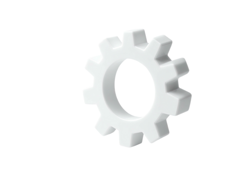 A 3D white gear graphic, slightly angled on a black background