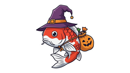 Halloween Koi Fish Costume: A whimsical illustration showcases a vibrant Koi fish dressed for Halloween in a witch hat, carrying a pumpkin-shaped treat bag.