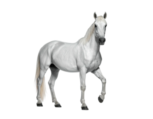 Elegant white horse in motion against a black background, showcasing muscular build