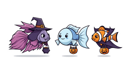Spooky Marine Friends: A trio of cheerful fish in costume, capturing the playful essence of Halloween, ready for a splashy adventure filled with treats and enchantment. 
