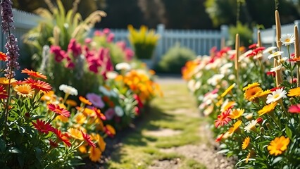 A sunny garden path adorned with colorful flowers, evoking a cheerful and peaceful outdoor ambiance.