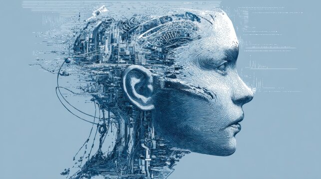 This artwork features a side profile of a humanoid head blending human characteristics with advanced technology.