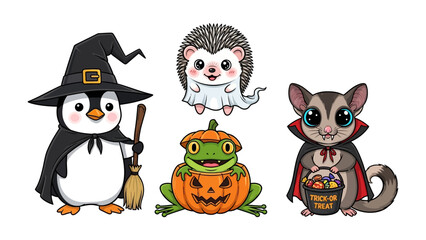 Halloween Animal Characters: A charming collection of Halloween-themed animal illustrations, featuring a penguin witch, a hedgehog ghost, a pumpkin frog, and a sugar glider vampire.