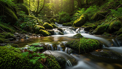 Cascading Waterfall In The Forest With Green Mossy Rocks And A Flowing Stream