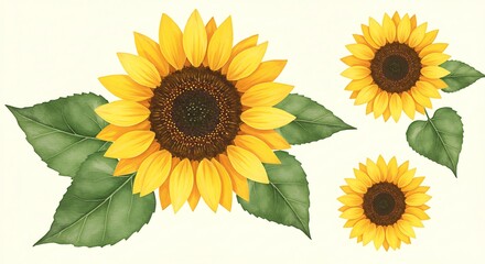 Watercolor sunflowers illustration yellow petals and green leaves on white