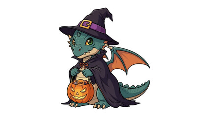Cute Halloween Dragon with a Pumpkin: A friendly cartoon dragon adorned in a witch hat and cape, holding a carved pumpkin lantern. This whimsical illustration captures the essence of Halloween.