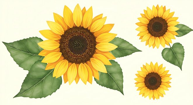 Watercolor sunflowers illustration yellow petals and green leaves on white - Powered by Adobe