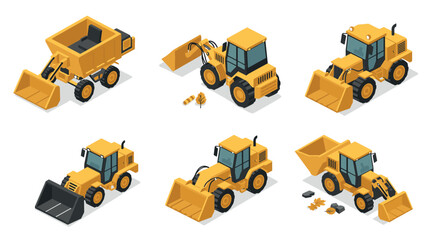 Obraz premium Isometric construction vehicles set with bulldozers and excavators