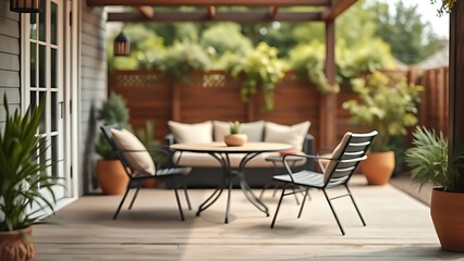 A serene outdoor patio with minimalist furniture, evoking tranquility amidst lush greenery.