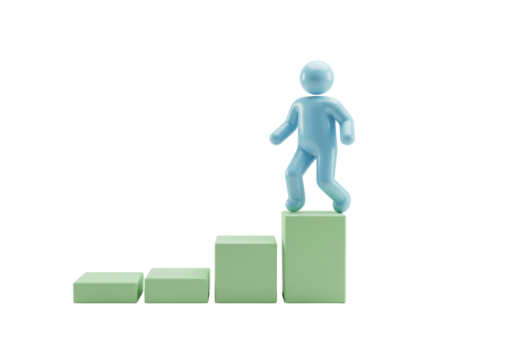 Isolated figure on stairway symbolizes climbing ladder of success to top step achievement