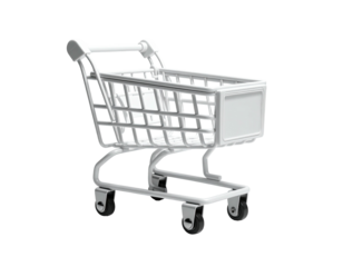 A 3D rendering of a shopping cart with a white frame and black wheels on black