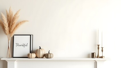 Minimalist mantel decor with thankful framed print dried pampas grass pumpkins and candles on white shelf evoking autumn gratitude home warmth
