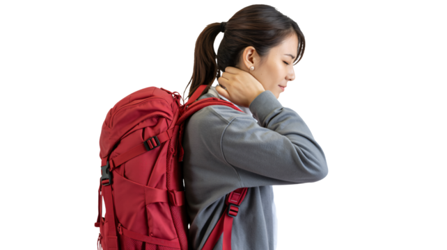 Woman with heavy backpack experiences neck pain and discomfort