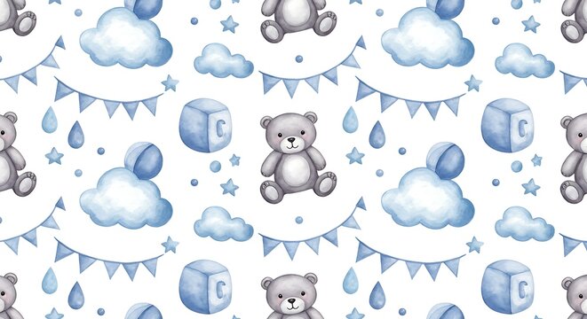 Watercolor teddy bear and cloud pattern for baby shower designs - Powered by Adobe