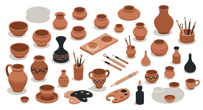Diverse collection of pottery and art tools in isometric style for creative craft enthusiasts