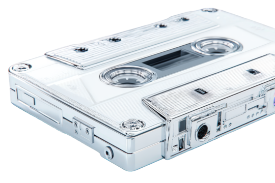 Realistic White Cassette Tape Isometric View on Transparent Background Music and Audio Recording Technology Vintage Media Shiny White Plastic Casing Audio Tape Deck Clear Window Cutout