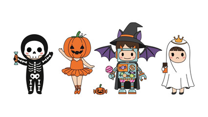 Halloween Costume Characters: A playful gathering of costumed characters, each embodying the spooky spirit of Halloween. A skeleton, pumpkin, robot, and ghost stand together.
