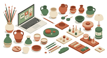 Isometric desk with pottery and art supplies creativity and crafting essentials