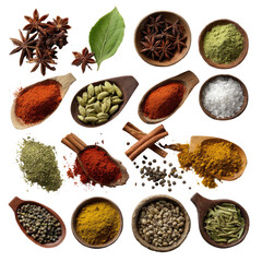 Assortment of colorful spices in small bowls