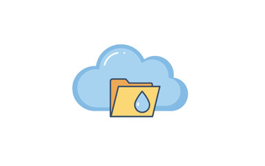 A flat design icon representing cloud storage, featuring a blue cloud, a yellow folder, and a water droplet symbol.