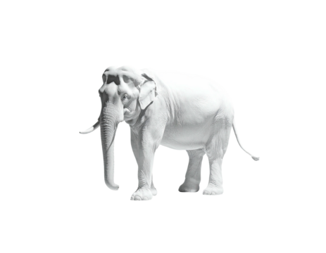 White elephant stands majestically isolated on a stark black background