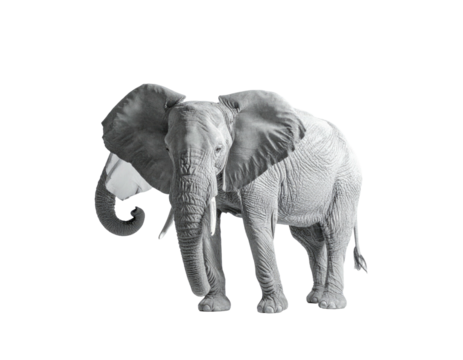A grayscale elephant stands isolated against a black background, facing forward