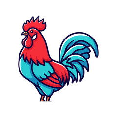 Cartoon rooster standing with red and blue plumage