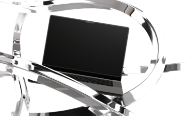 Captivating silver metallic rings elegantly embrace a sleek, professional laptop, representing digital innovation and modern connectivity.
