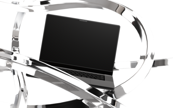 Captivating silver metallic rings elegantly embrace a sleek, professional laptop, representing digital innovation and modern connectivity.