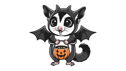 Happy Halloween: A charming illustration of a sugar glider in a bat costume carrying a glowing Jack-o'-lantern, perfect for celebrating the spooky season.