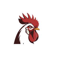 Rooster head logo with red comb and wattle on white background