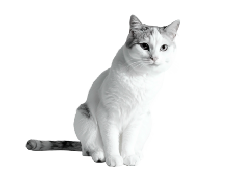 Black and white shot of a sitting, attentive cat with blue eyes and a spotted tail - Powered by Adobe