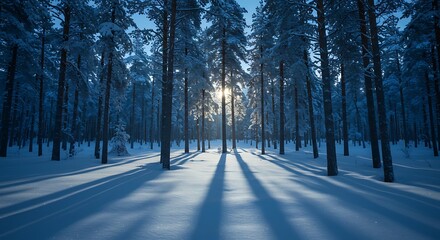 Winter forest scene with snow covered trees and long shadows sunlight