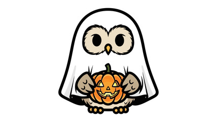 Spooky Owl with Halloween pumpkin: A cute illustration of a ghost-like owl holding a carved Halloween pumpkin, perfectly capturing the essence of spooky Halloween season.