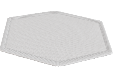 Professional white hexagonal textile patch with detailed stitching and clean edges, perfect for branding and customization applications