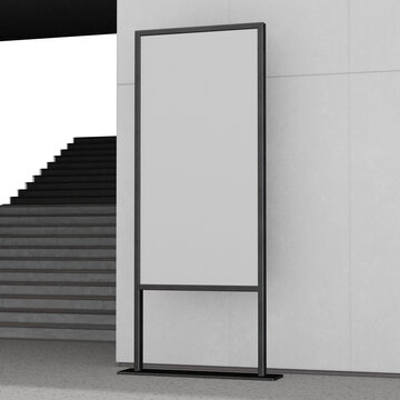 Modern digital signage stand with blank screen in contemporary lobby, perfect for advertising and information display.