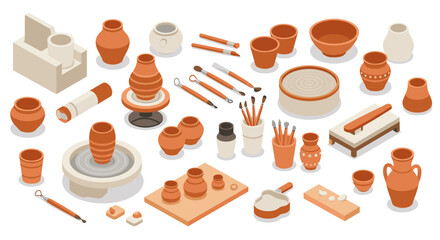 Pottery tools and clay art in isometric style pots, bowls, and sculpting accessories