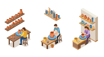 Naklejka premium Isometric pottery workshop crafting clay art on pottery wheels with tools and shelves