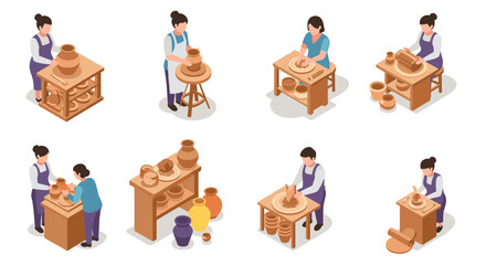 Isometric pottery crafting diverse scenes of artisans shaping clay