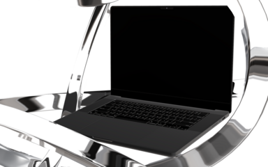 Sleek modern laptop displayed within abstract chrome structure, representing innovation and digital progress