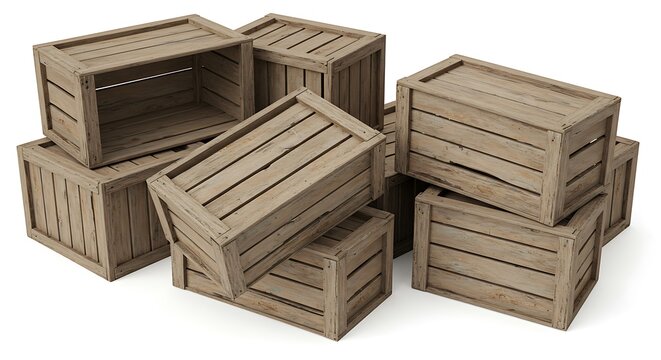Stacked Wooden Crates with Rustic Texture on White Background