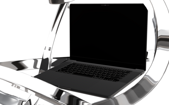 Sleek modern laptop displayed within abstract chrome structure, representing innovation and digital progress